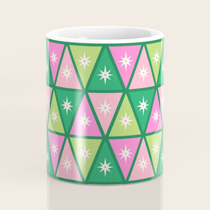 Mid-Century Modern Geometric Christmas Triangles - Green and Pink Coffee Mug Gallery Image 4