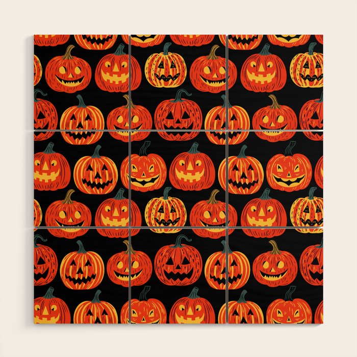Halloween jack o lantern pumpkin cartoon pattern Wood Wall Art Gallery Image 1