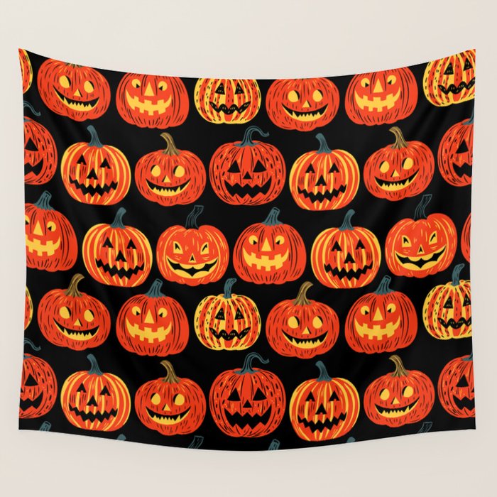 Halloween jack o lantern pumpkin cartoon pattern Wall Tapestry Gallery Image 4
