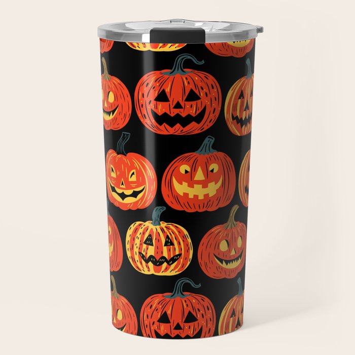 Halloween jack o lantern pumpkin cartoon pattern Travel Mug Gallery Image 1