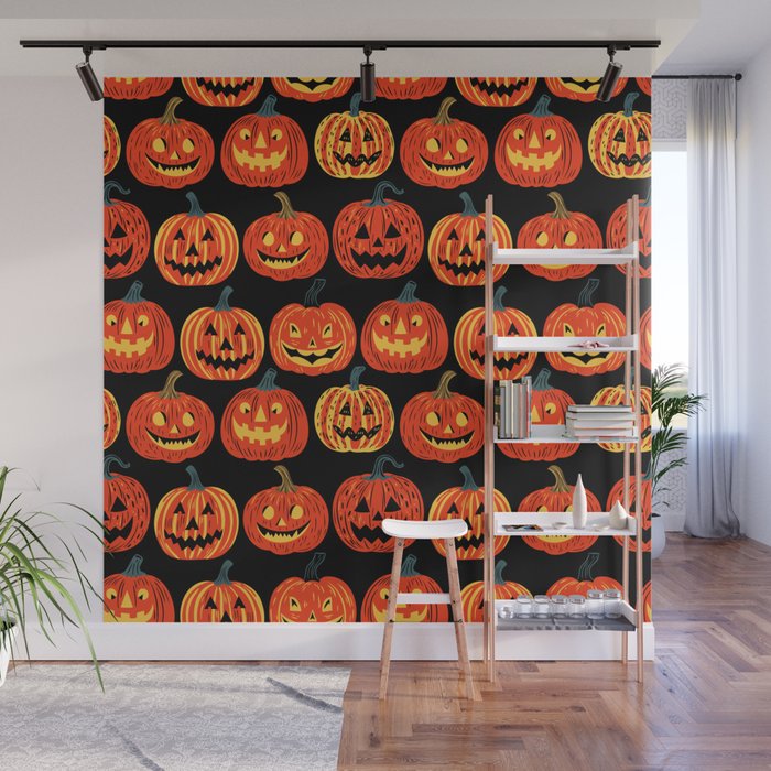 Halloween jack o lantern pumpkin cartoon pattern Wall Mural Gallery Image 1