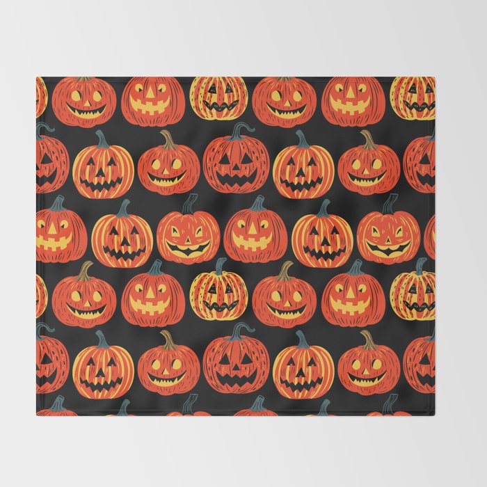 Halloween jack o lantern pumpkin cartoon pattern Throw Blanket Gallery Image 2