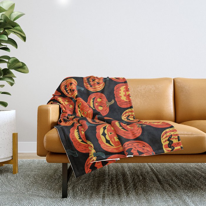 Halloween jack o lantern pumpkin cartoon pattern Throw Blanket Gallery Image 1