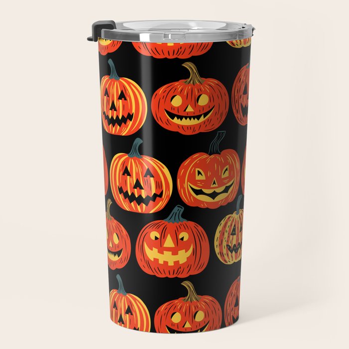 Halloween jack o lantern pumpkin cartoon pattern Travel Mug Gallery Image 3