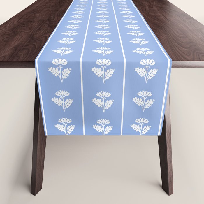 Cozy Vintage Cottage Flowers and Stripes Light Blue and White Pattern Table Runner Gallery Image 1