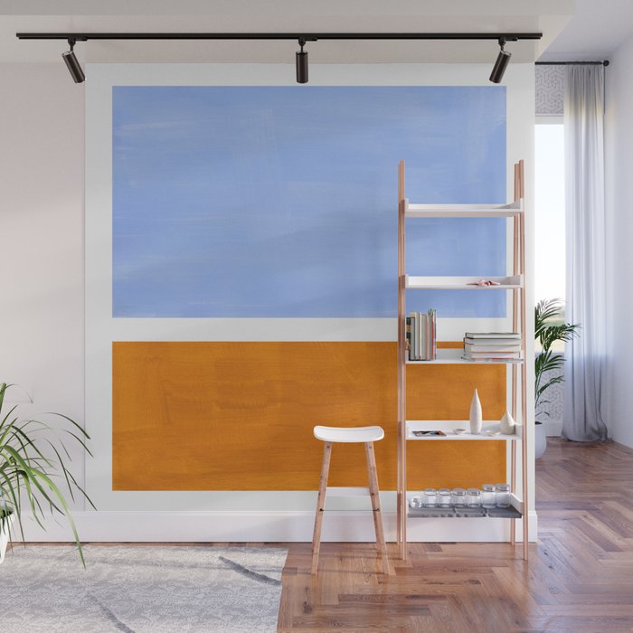 Pastel Royal Blue Yellow ochre Mid Century Modern Abstract Minimalist Rothko Color Field Squares Wall Mural Gallery Image 1