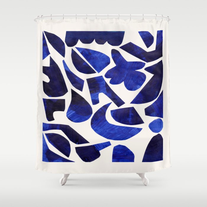 'Shattered Sky' Abstract Colorful Blue Paper Collage Minimal Mid Century Pattern by Ejaaz Haniff Shower Curtain Gallery Image 1