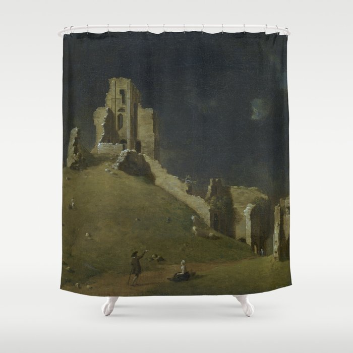 Corfe Castle, Dorset by John Inigo Richards Antique Oil Painting  Shower Curtain Gallery Image 1