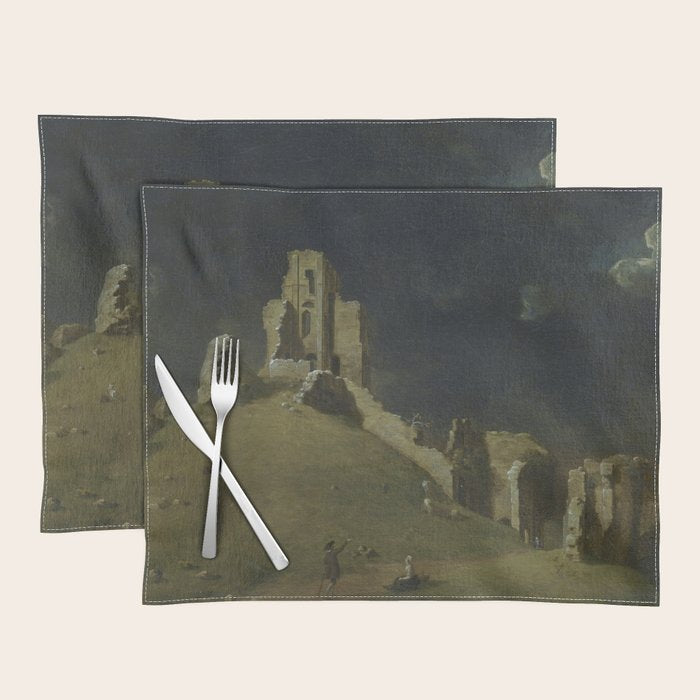 Corfe Castle, Dorset by John Inigo Richards Antique Oil Painting  Placemat Gallery Image 1