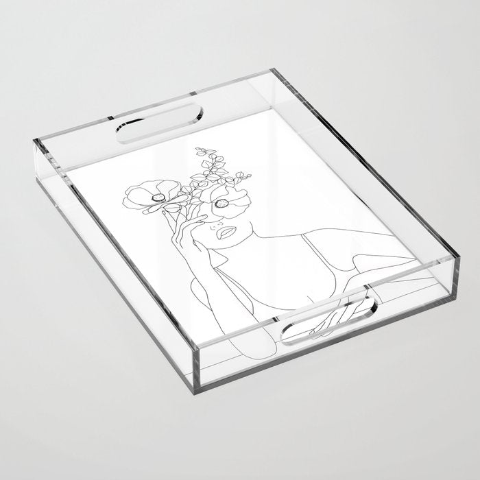 Minimal Line Art Woman with Flowers II Acrylic Tray Gallery Image 1