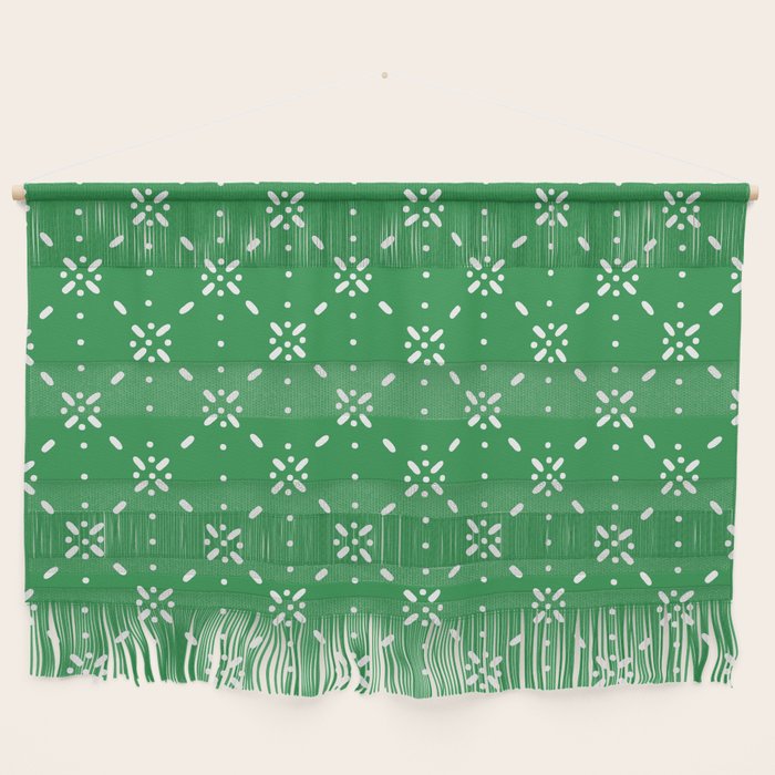 Christmas snowflake vector with simple modern white stitches on green background pattern Wall Hanging Gallery Image 1