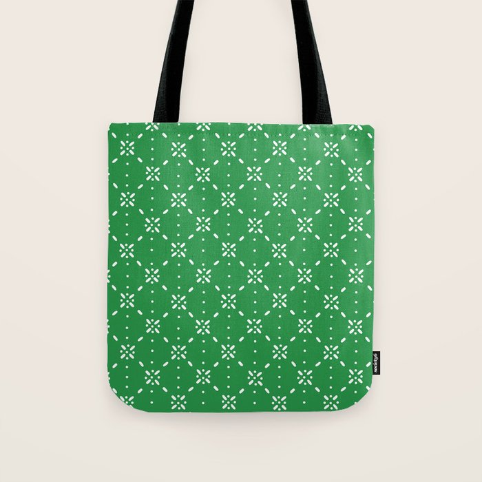 Christmas snowflake vector with simple modern white stitches on green background pattern Tote Bag Gallery Image 1