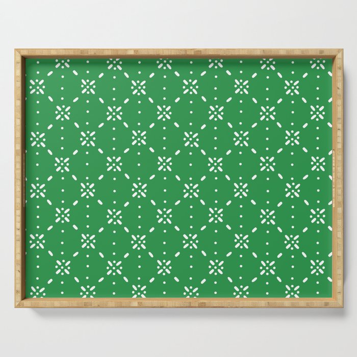 Christmas snowflake vector with simple modern white stitches on green background pattern Serving Tray Gallery Image 1