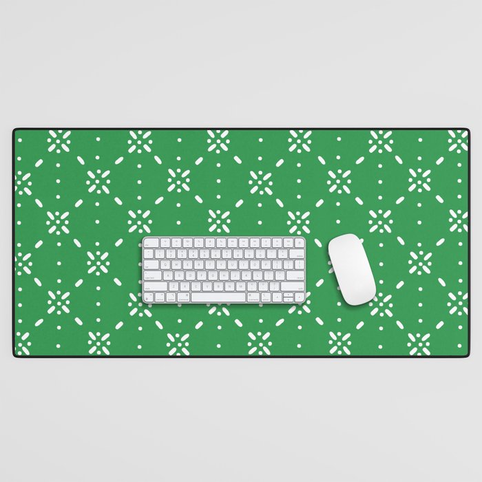 Christmas snowflake vector with simple modern white stitches on green background pattern Desk Mat Gallery Image 1