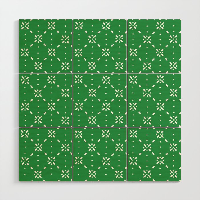 Christmas snowflake vector with simple modern white stitches on green background pattern Wood Wall Art Gallery Image 1