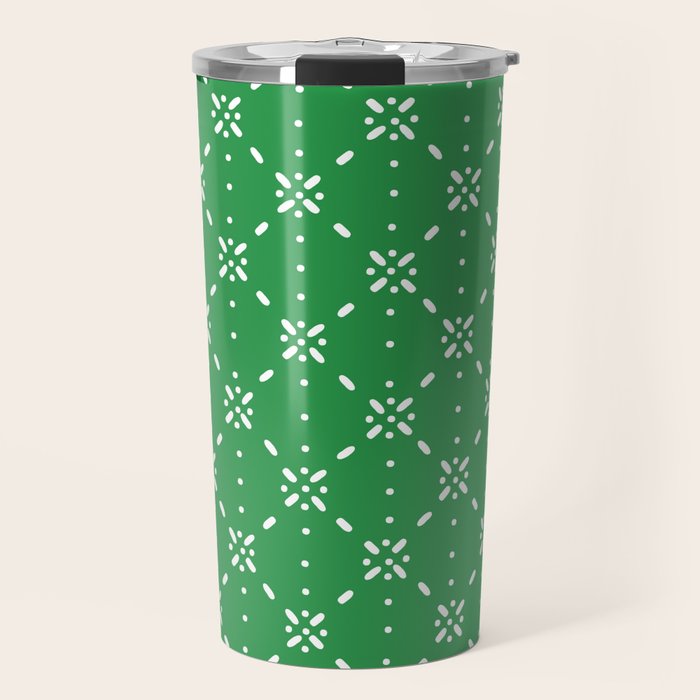 Christmas snowflake vector with simple modern white stitches on green background pattern Travel Mug Gallery Image 1