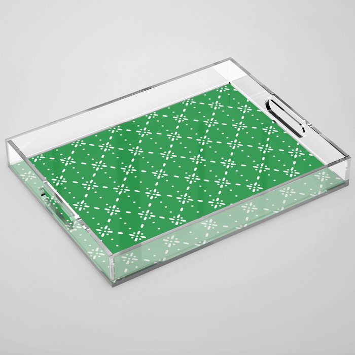 Christmas snowflake vector with simple modern white stitches on green background pattern Acrylic Tray Gallery Image 1