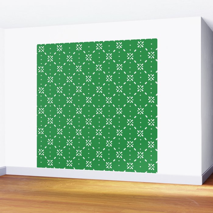 Christmas snowflake vector with simple modern white stitches on green background pattern Wall Mural Gallery Image 2