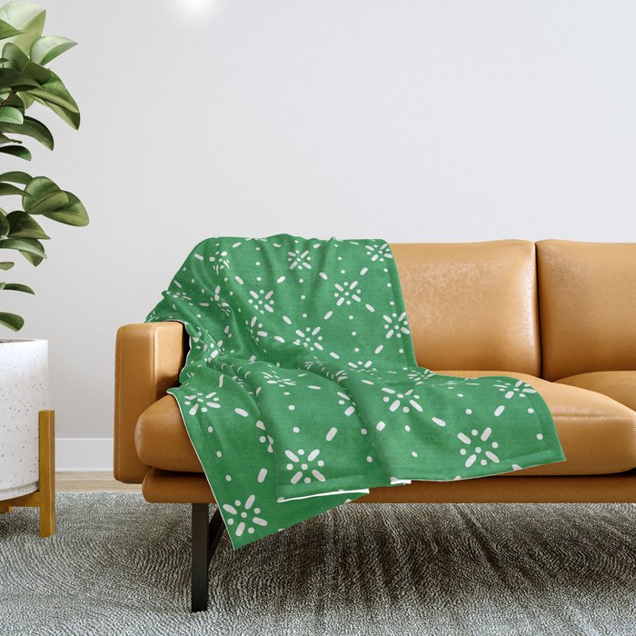 Christmas snowflake vector with simple modern white stitches on green background pattern Throw Blanket Gallery Image 1