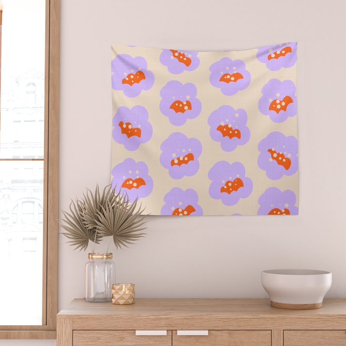 Bold Floral Toss Lavender Purple, Tangerine Orange, Cream Ivory, Playful Home Decor Wall Tapestry Gallery Image 2