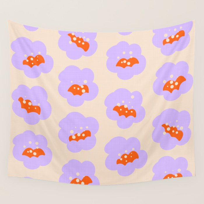 Bold Floral Toss Lavender Purple, Tangerine Orange, Cream Ivory, Playful Home Decor Wall Tapestry Gallery Image 4