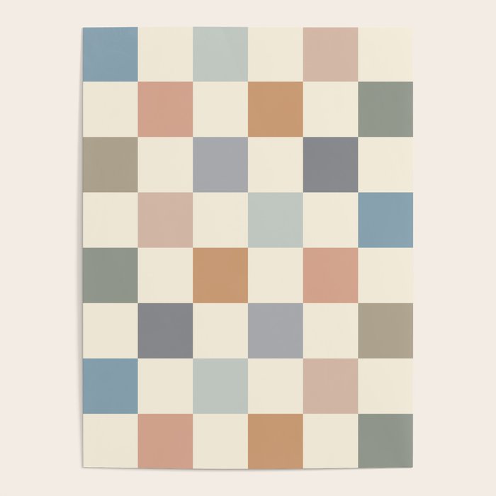 Blue & Beige Neutral Checker Poster Gallery Image 1