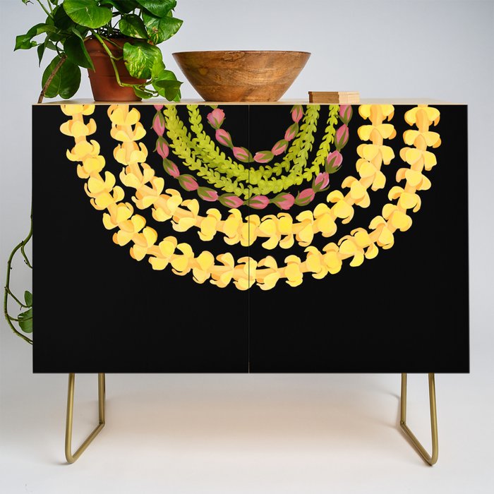 Lei Drape Puakenikeni Palaka Lokelani on black Credenza Gallery Image 1