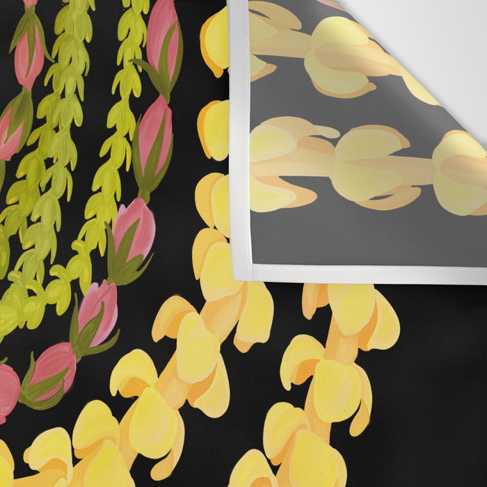 Lei Drape Puakenikeni Palaka Lokelani on black Wall Tapestry Gallery Image 3