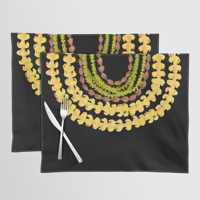 Lei Drape Puakenikeni Palaka Lokelani on black Placemat Gallery Image 1