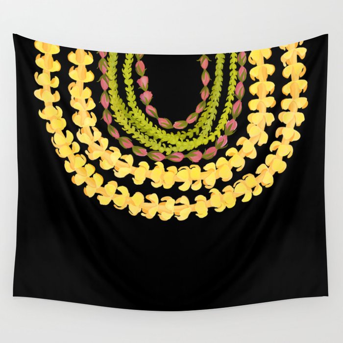Lei Drape Puakenikeni Palaka Lokelani on black Wall Tapestry Gallery Image 4