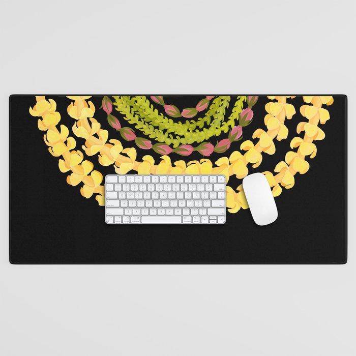 Lei Drape Puakenikeni Palaka Lokelani on black Desk Mat Gallery Image 1
