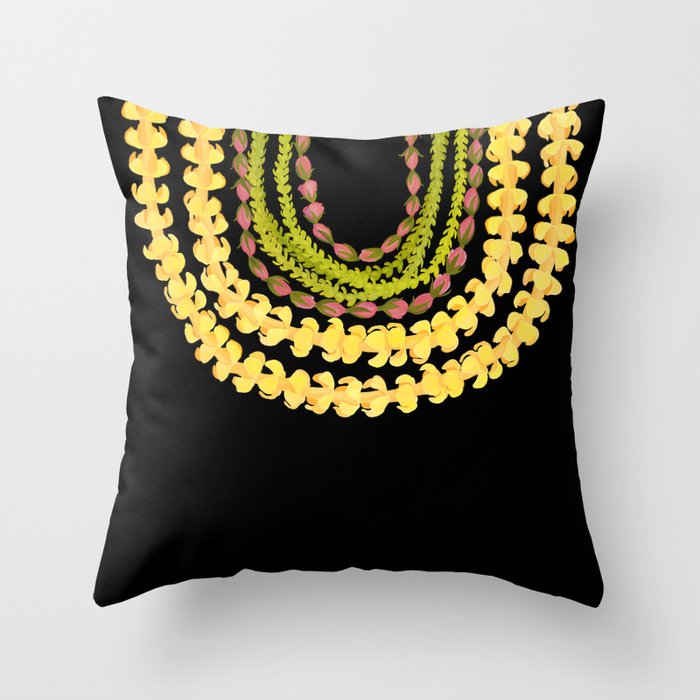 Lei Drape Puakenikeni Palaka Lokelani on black Throw Pillow Gallery Image 1