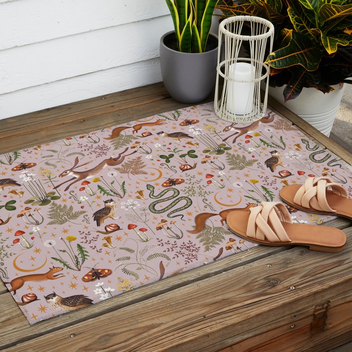 Enchanted Magical Midnight Forest Animals Blush III Outdoor Rug Gallery Image 2
