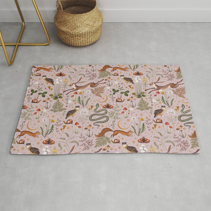 Enchanted Magical Midnight Forest Animals Blush III Rug Gallery Image 1