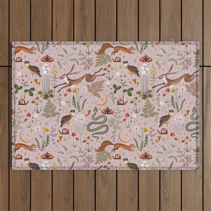 Enchanted Magical Midnight Forest Animals Blush III Outdoor Rug Gallery Image 1