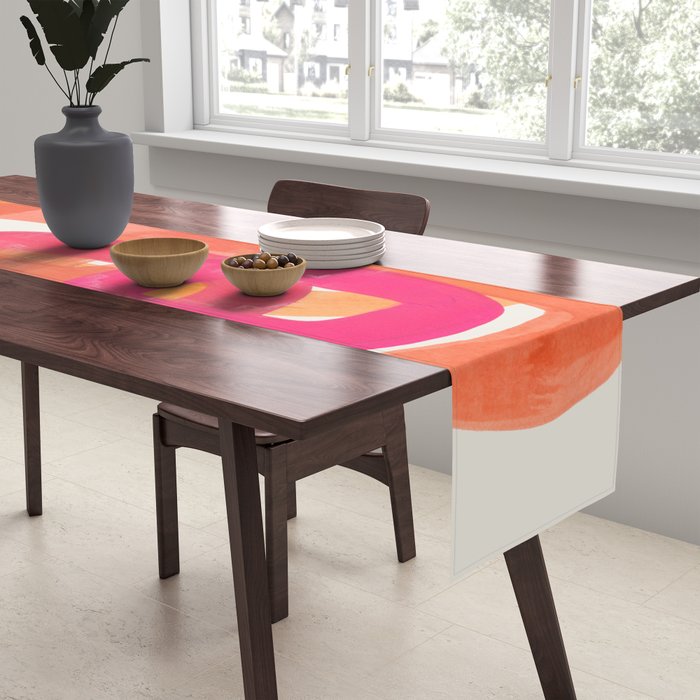 Funky Retro 70's Style Pattern Orange Pink Greindent Striped Circles Mid Century Colorful Pop Art Table Runner Gallery Image 2
