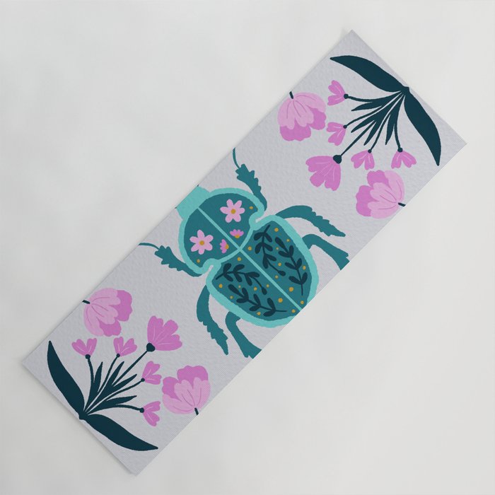 Beetle and flowers - pink and turquoise Yoga Mat Gallery Image 1