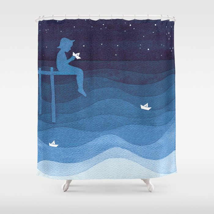 Boy with paper boats, blue Shower Curtain Gallery Image 1