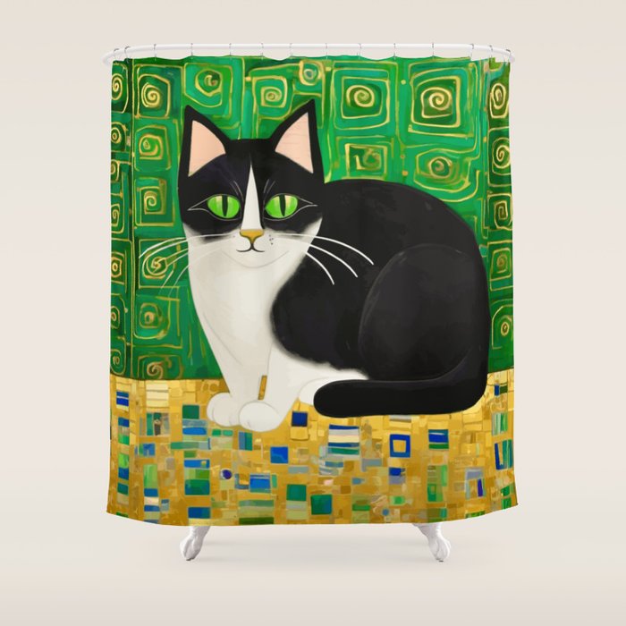 Klimt Tuxedo Cat with Green Eyes Shower Curtain Gallery Image 1
