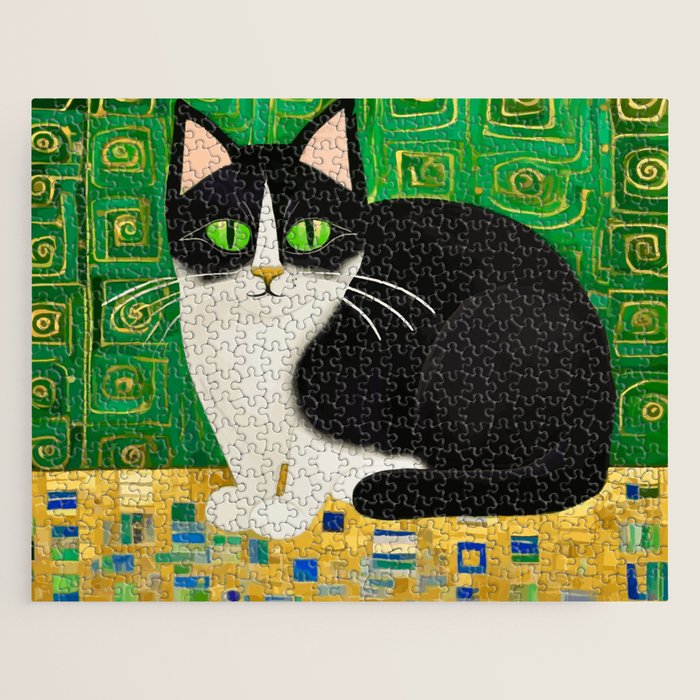 Klimt Tuxedo Cat with Green Eyes Jigsaw Puzzle Gallery Image 1