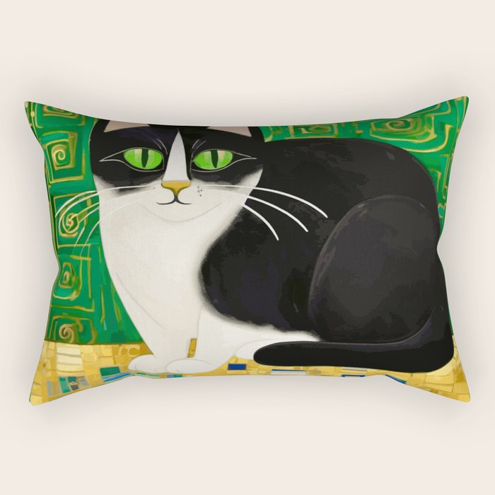 Klimt Tuxedo Cat with Green Eyes Rectangular Pillow Gallery Image 2