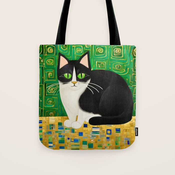 Klimt Tuxedo Cat with Green Eyes Tote Bag Gallery Image 1
