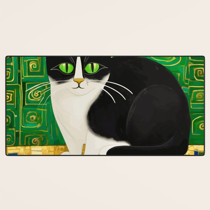 Klimt Tuxedo Cat with Green Eyes Desk Mat Gallery Image 3