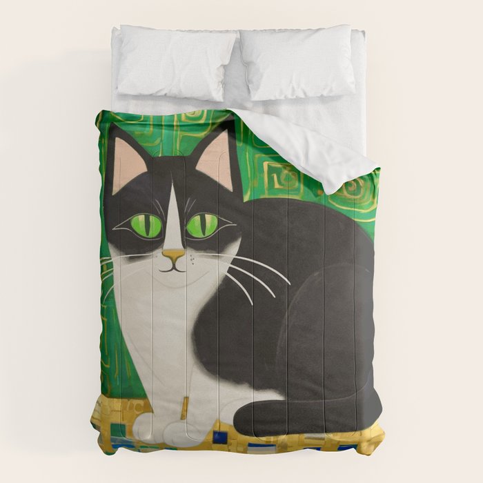 Klimt Tuxedo Cat with Green Eyes Comforter Gallery Image 6
