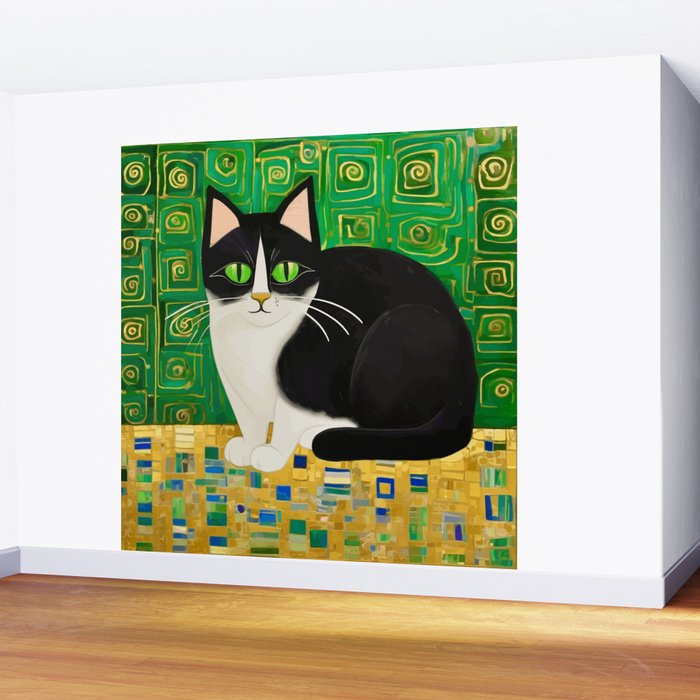 Klimt Tuxedo Cat with Green Eyes Wall Mural Gallery Image 2