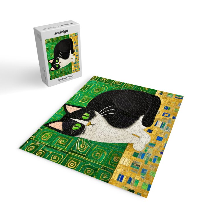 Klimt Tuxedo Cat with Green Eyes Jigsaw Puzzle Gallery Image 2