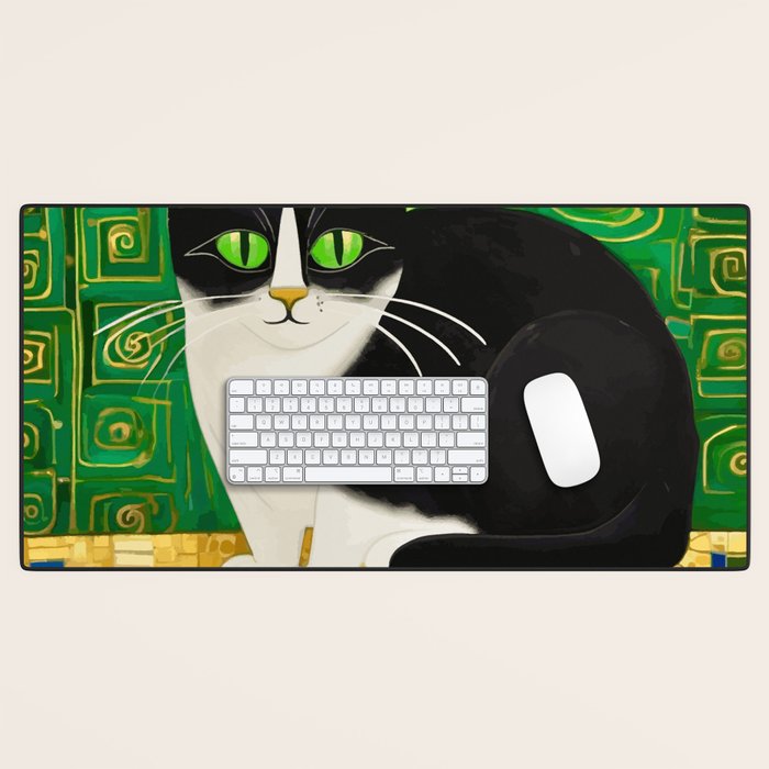 Klimt Tuxedo Cat with Green Eyes Desk Mat Gallery Image 1