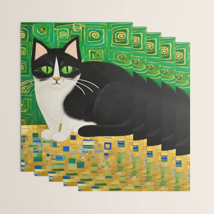 Klimt Tuxedo Cat with Green Eyes Wrapping Paper Gallery Image 3