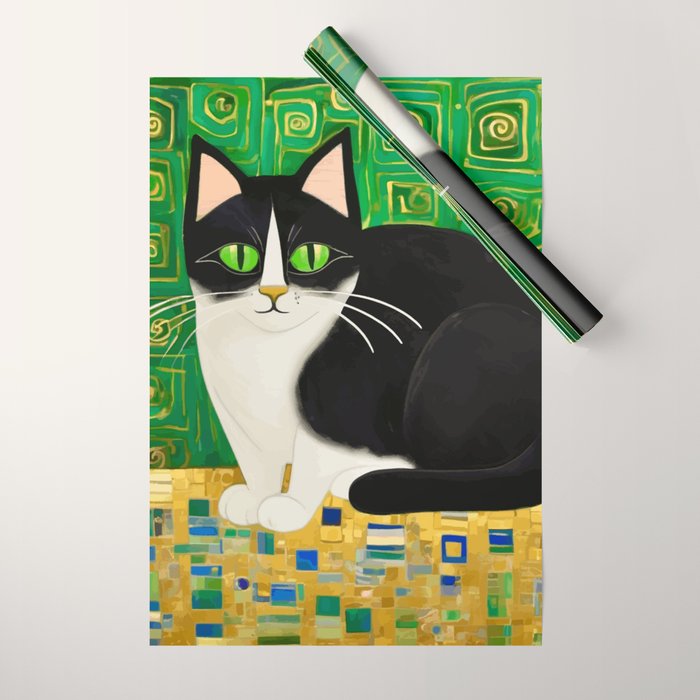 Klimt Tuxedo Cat with Green Eyes Wrapping Paper Gallery Image 1