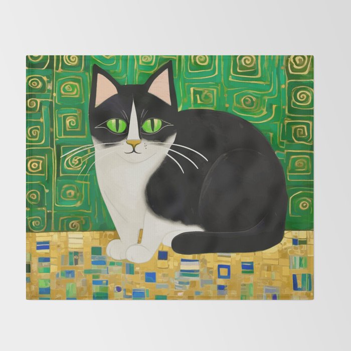 Klimt Tuxedo Cat with Green Eyes Throw Blanket Gallery Image 2